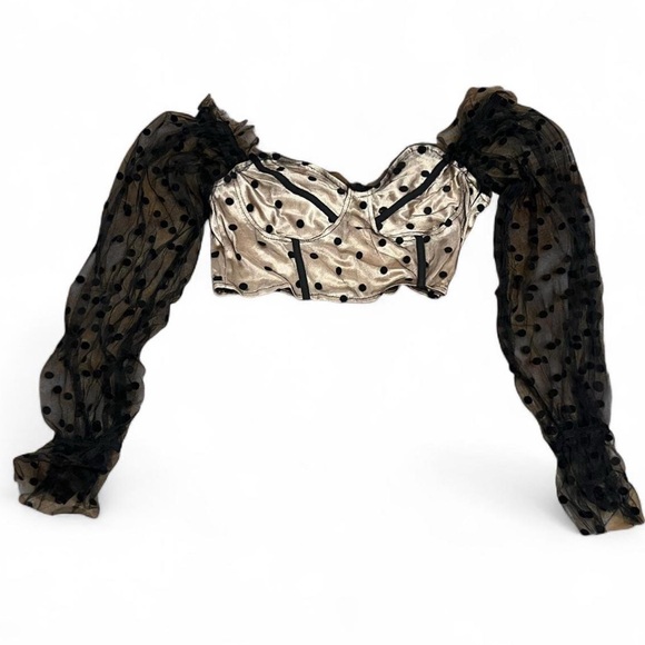 Black and cream Polka‎ Dot mesh Sleeve Top Size Medium - Picture 2 of 5